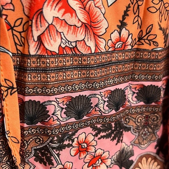 Boho Floral Print Lantern Sleeve Tie Front Blouse - Picture 8 of 11